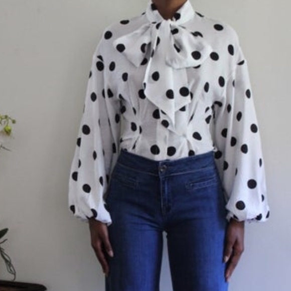 H&M black and white polka dot pussybow blouse - Picture 2 of 3